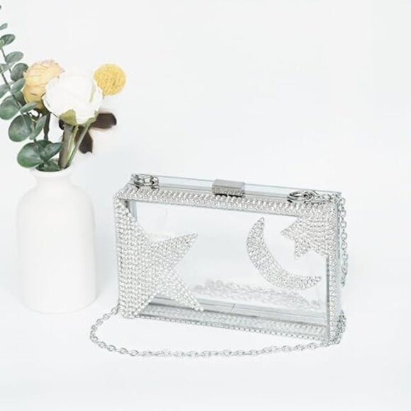 Neiman Marcus Silver Acrylic Moon and Star Rhinestone Chain Bag - Picture 3 of 5